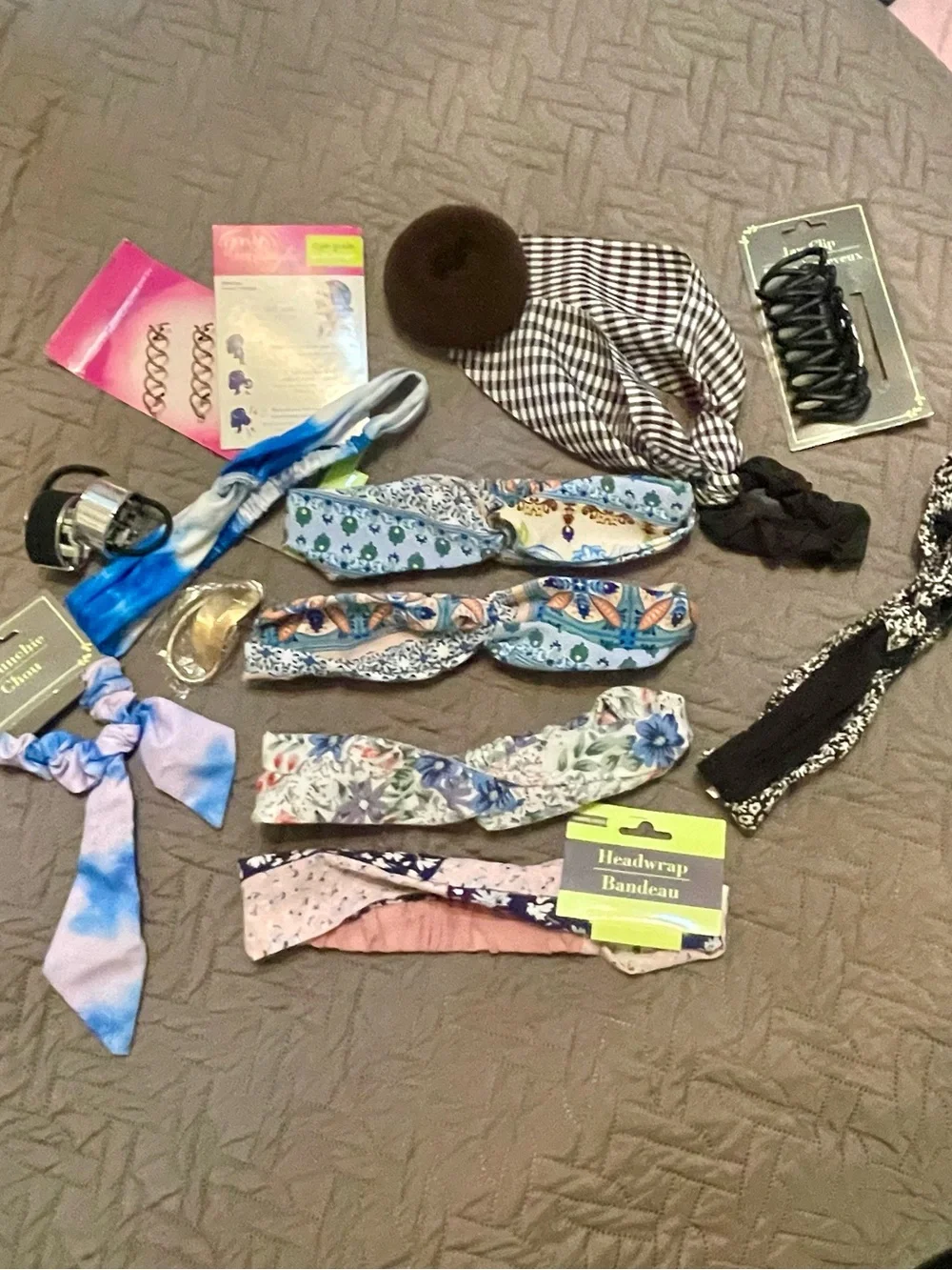 14 Hair items 6-Headbands/wraps, 2-Bow 3-metal Hair ties, Claw Clip, bun, misc